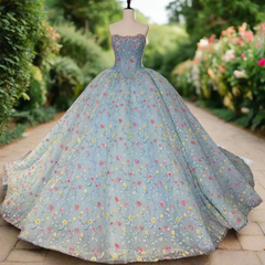 Blue Strapless Quinceanera Dress Corset Ball Gown Sweet 16 Dress with Flowers