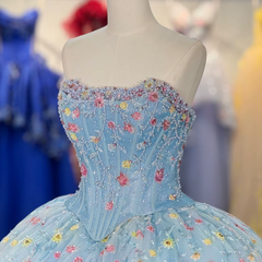 Blue Strapless Quinceanera Dress Corset Ball Gown Sweet 16 Dress with Flowers
