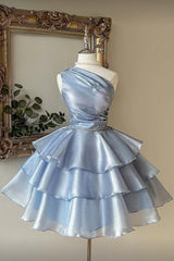 Blue Tiered Homecoming Dress Sleeveless One Shoulder Short Cocktail Dress