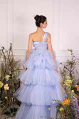 Blue Tiered Prom Dress Sleeveless One Shoulder Ruffled Formal Dress