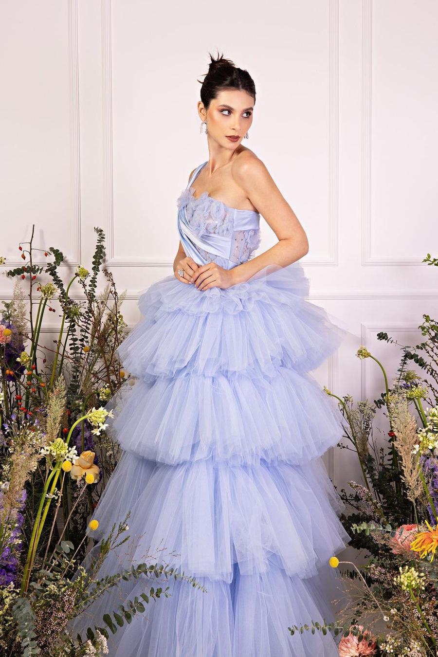 Blue Tiered Prom Dress Sleeveless One Shoulder Ruffled Formal Dress