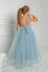 Blue Tulle Beaded Princess Flower Girl Dress with Bowknot