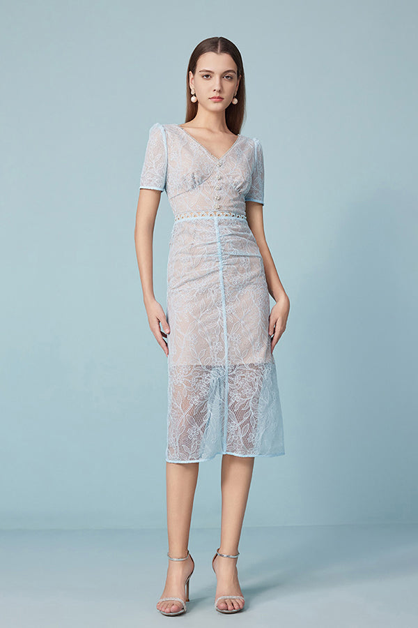 Blue V Neck Short Sleeve Sheath/Column Casual Dress