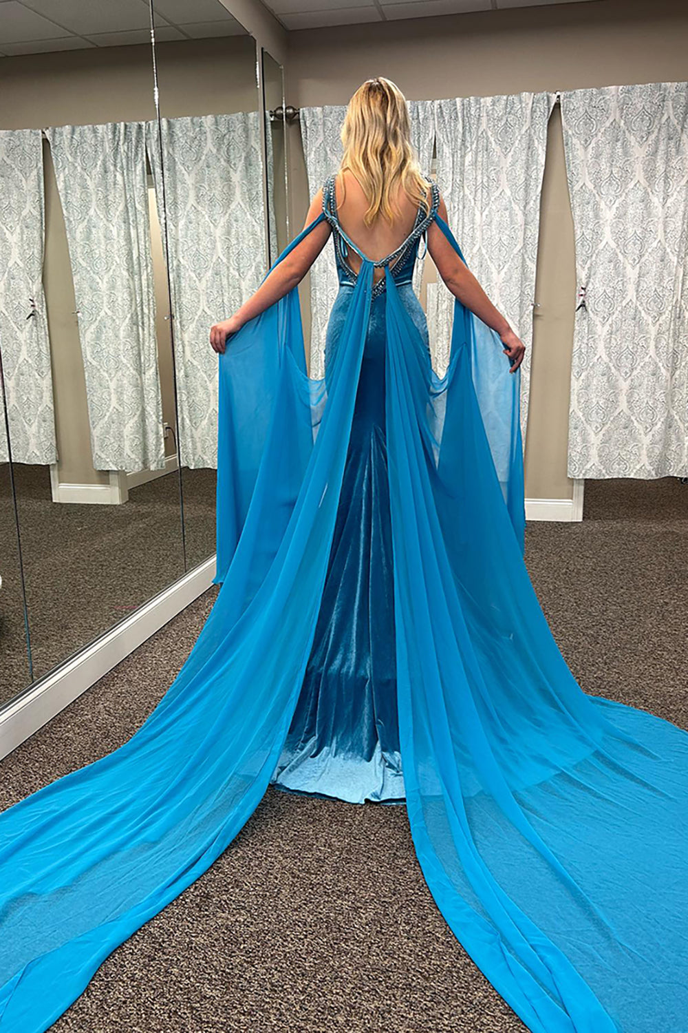 Blue Velvet Formal Dress Mermaid Beaded V-Neck Long Evening Dress With Cape