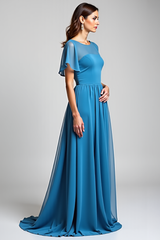 Blue Wedding Guest Dress Long Chiffon A Line Formal Dress With Short Sleeves