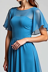 Blue Wedding Guest Dress Long Chiffon A Line Formal Dress With Short Sleeves