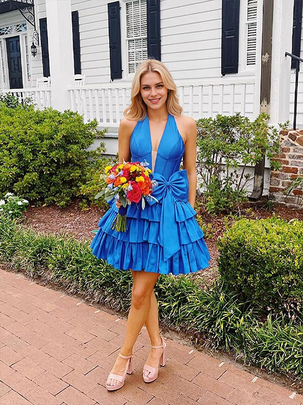 A Line Halter Tiered Ruffle Homecoming Dress with Bow