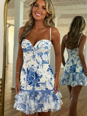 Spaghetti Straps Zipper Back Short Print Tiered Homecoming Dress