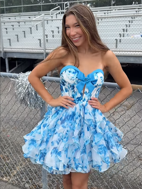 Sweetheart Strapless A-Line Short Floral Homecoming Dress