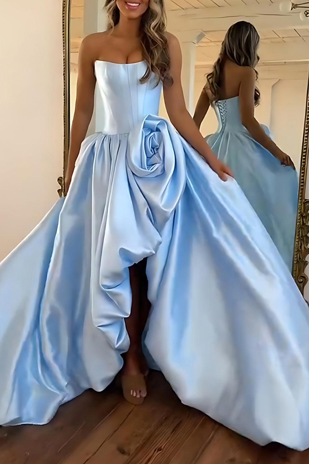 Blush A Line Satin Strapless Long Corset Prom Dress With 3D Flower