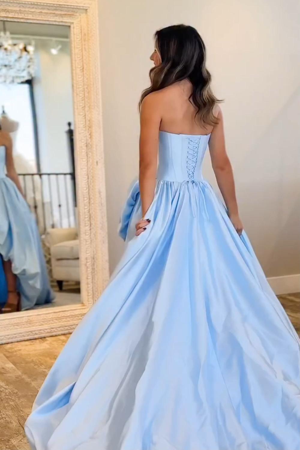 Blush A Line Satin Strapless Long Corset Prom Dress With 3D Flower