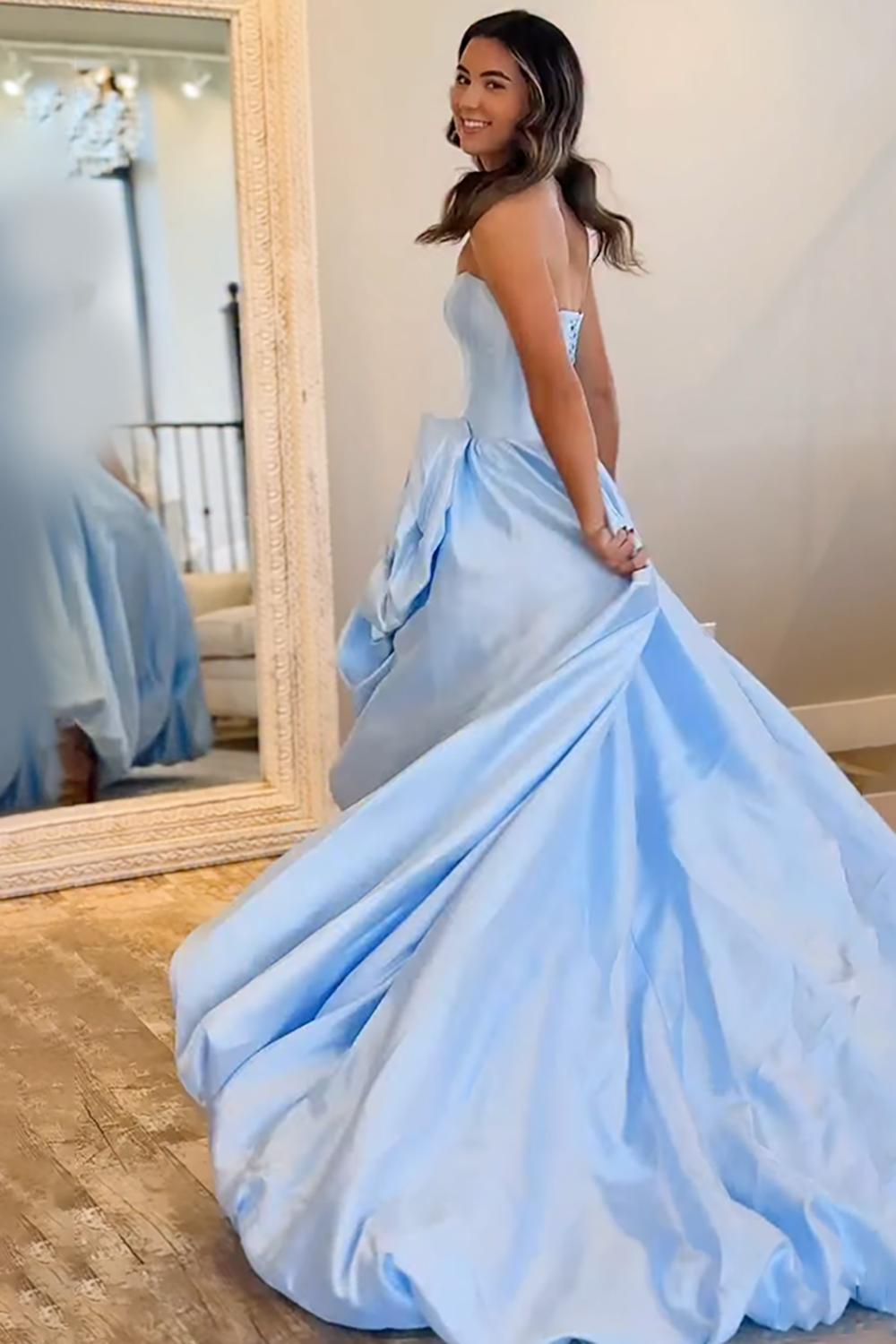 Blush A Line Satin Strapless Long Corset Prom Dress With 3D Flower