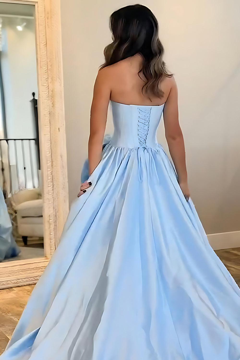 Blush A Line Satin Strapless Long Corset Prom Dress With 3D Flower