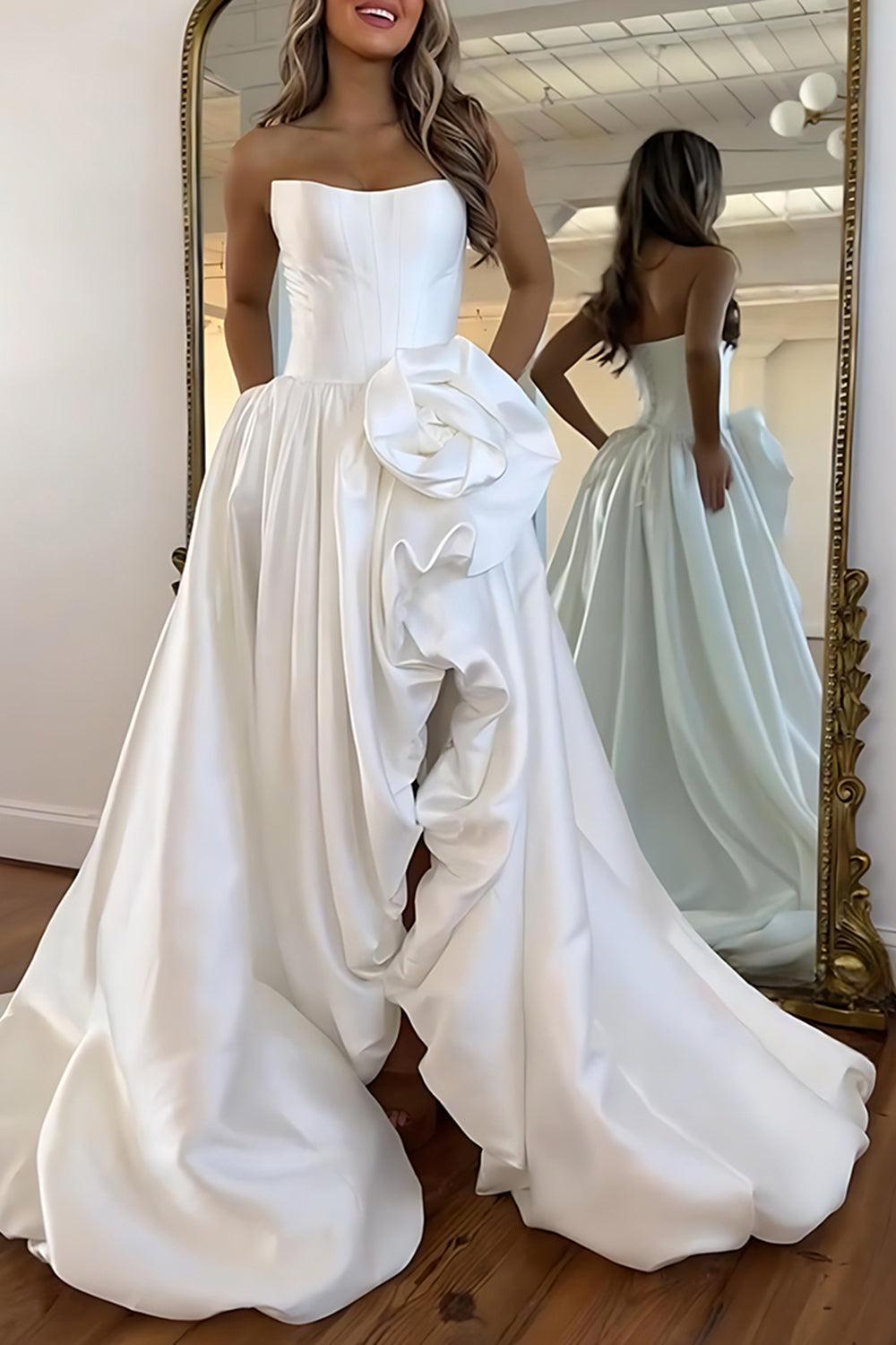 Blush A Line Satin Strapless Long Corset Prom Dress With 3D Flower