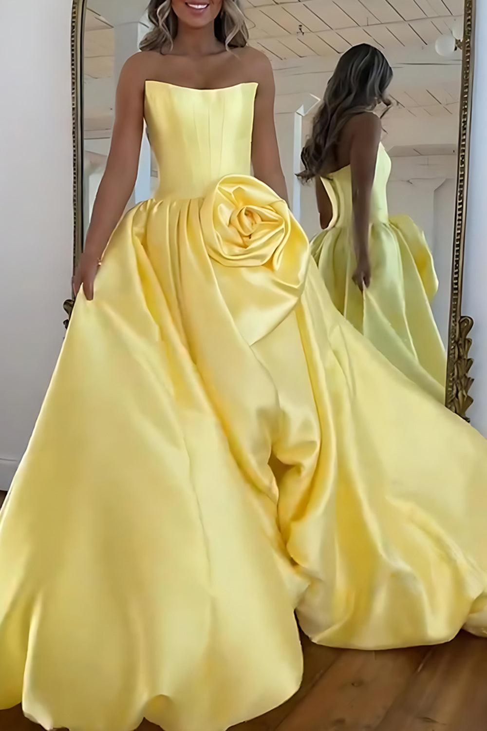 Blush A Line Satin Strapless Long Corset Prom Dress With 3D Flower