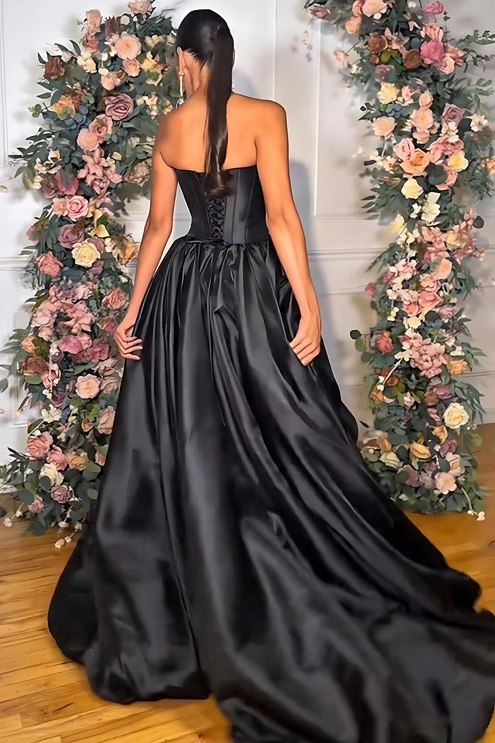 Blush A Line Satin Strapless Long Corset Prom Dress With 3D Flower