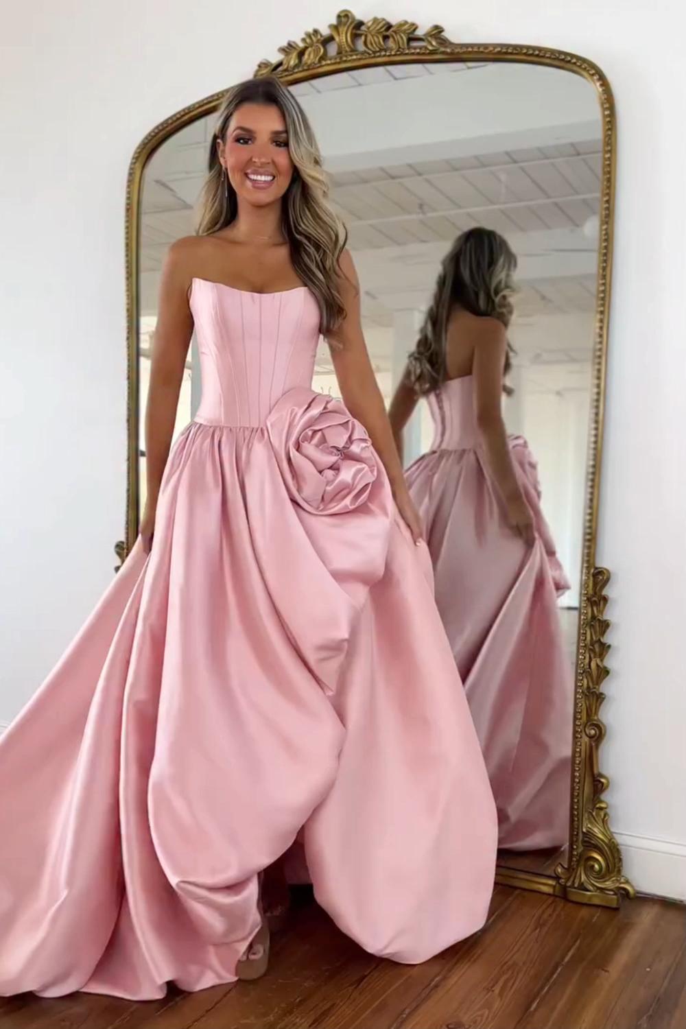 Blush A Line Satin Strapless Long Corset Prom Dress With 3D Flower