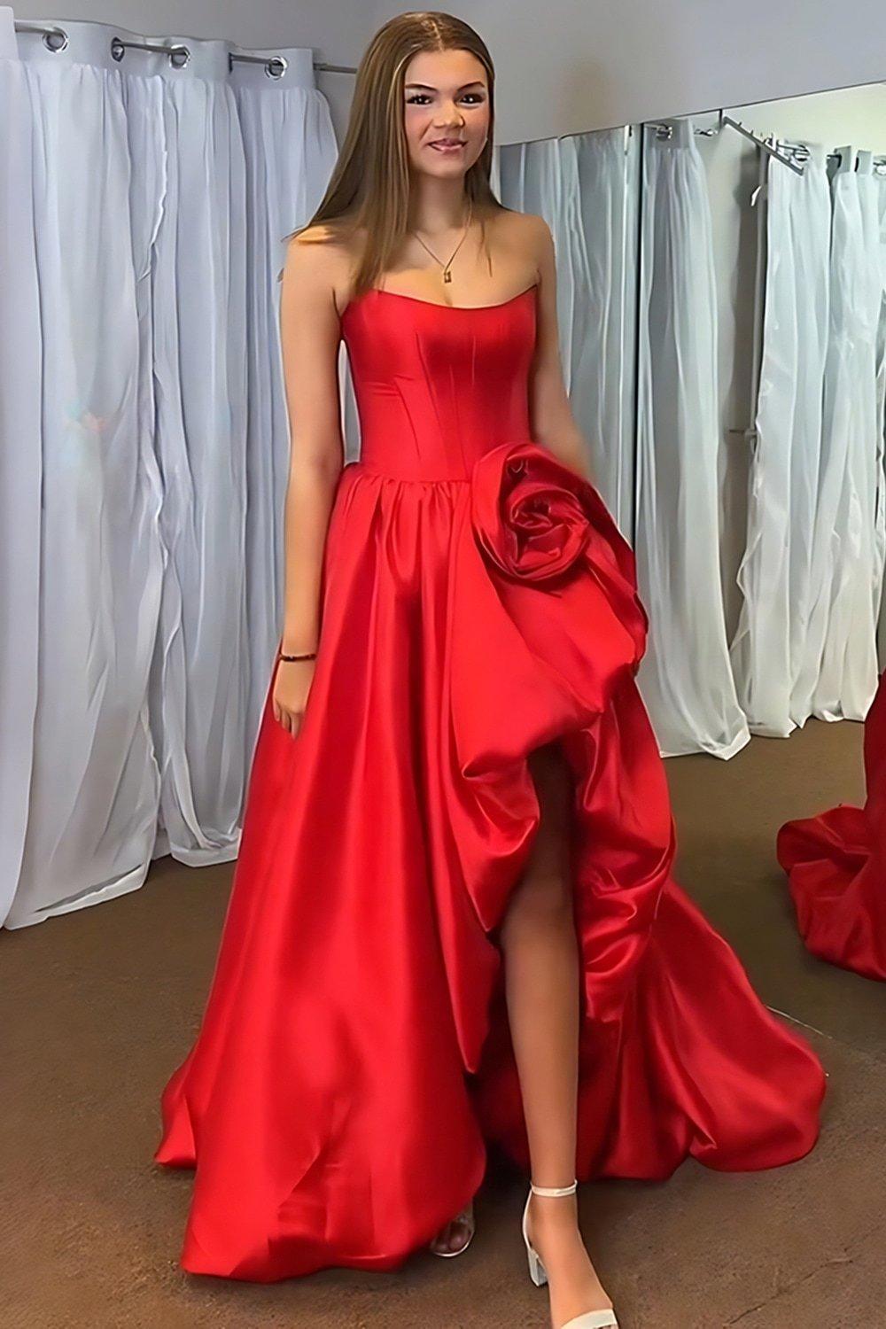 Blush A Line Satin Strapless Long Corset Prom Dress With 3D Flower