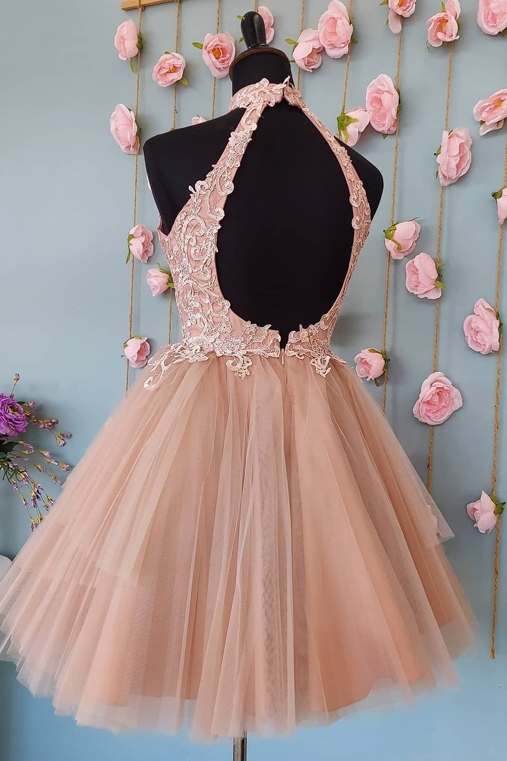 Blush Homecoming Dress A-Line Short Tulle Prom Dress with Lace