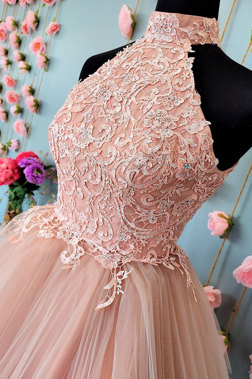 Blush Homecoming Dress A-Line Short Tulle Prom Dress with Lace