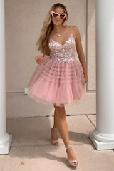 Blush Homecoming Dress A-Line Spaghetti Straps Tulle Short Cocktail Dresses with Lace