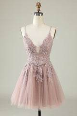 Blush Homecoming Dress A-Line Tulle Short Prom Dress with Appliques