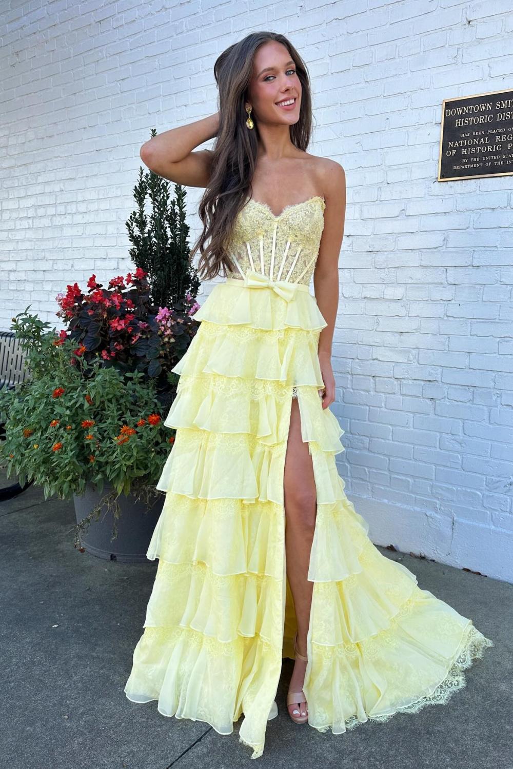 Blush Pink A-Line Lace Corset Prom Dress With Tiered Ruffle Skirt & Slit Formal Evening Gown