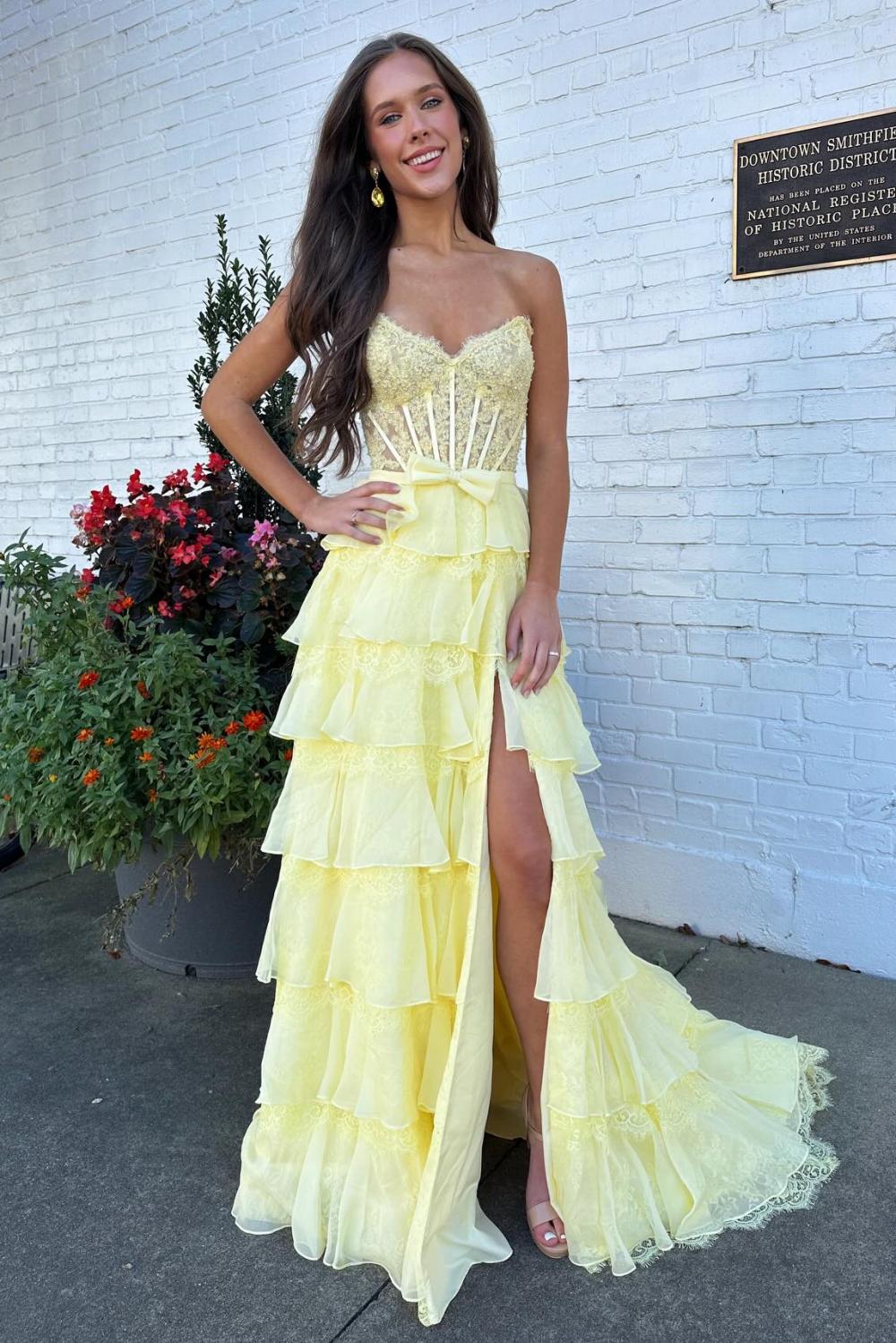 Blush Pink A-Line Lace Corset Prom Dress With Tiered Ruffle Skirt & Slit Formal Evening Gown