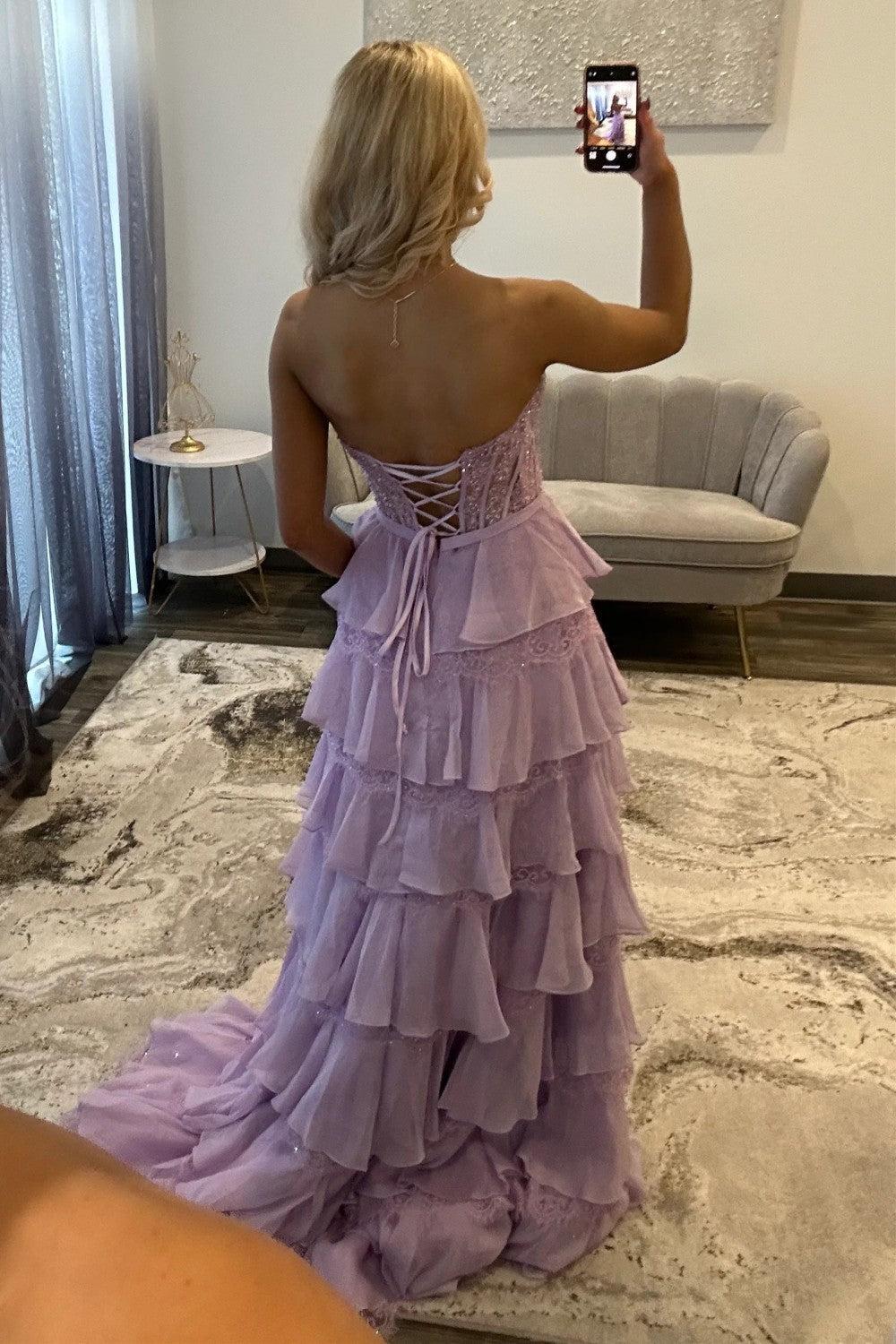 Blush Pink A-Line Lace Corset Prom Dress With Tiered Ruffle Skirt & Slit Formal Evening Gown