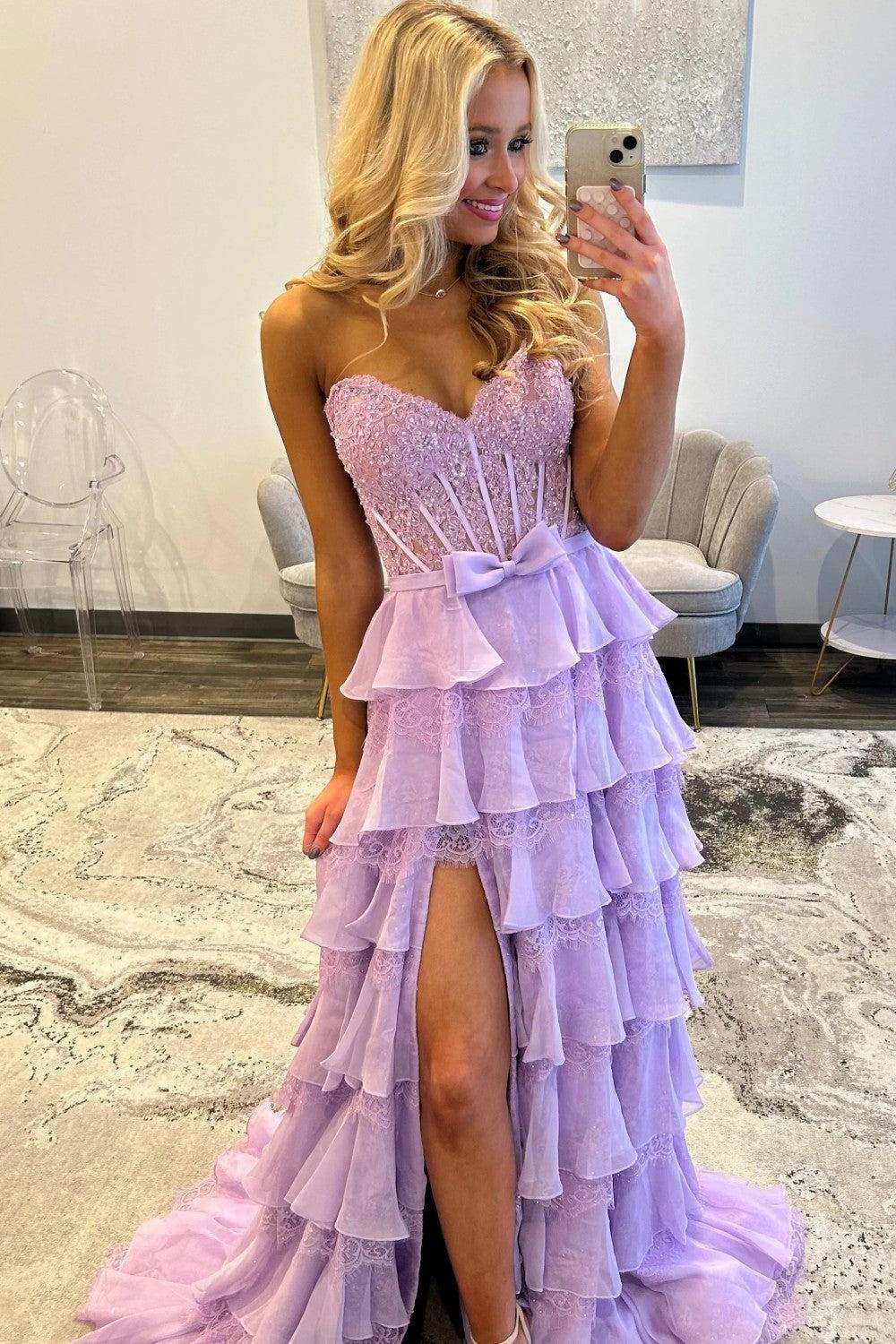 Blush Pink A-Line Lace Corset Prom Dress With Tiered Ruffle Skirt & Slit Formal Evening Gown