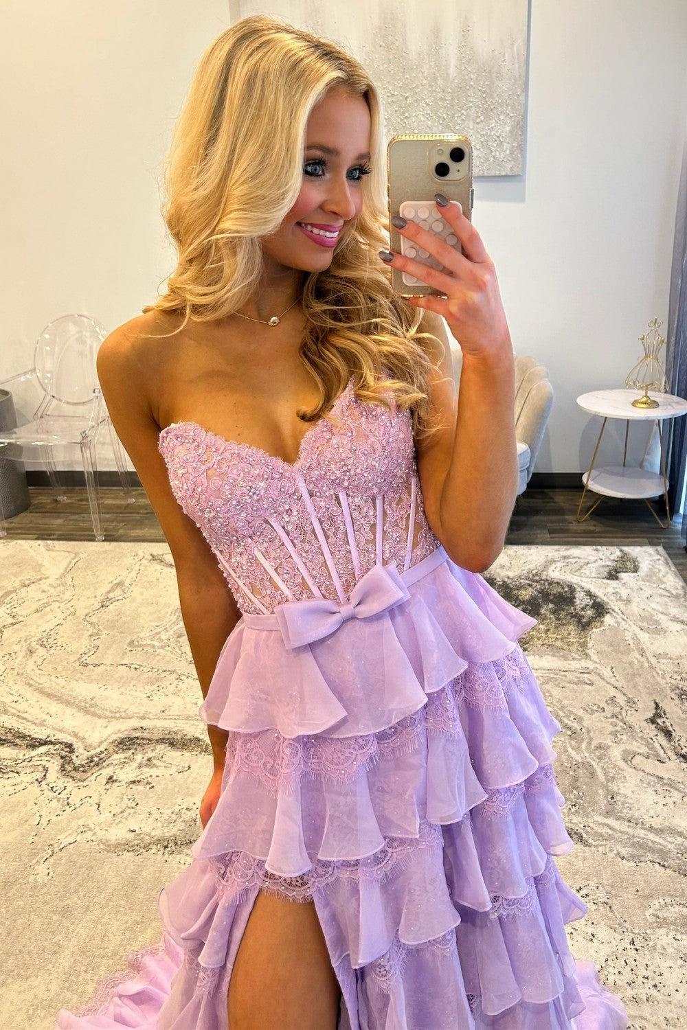 Blush Pink A-Line Lace Corset Prom Dress With Tiered Ruffle Skirt & Slit Formal Evening Gown