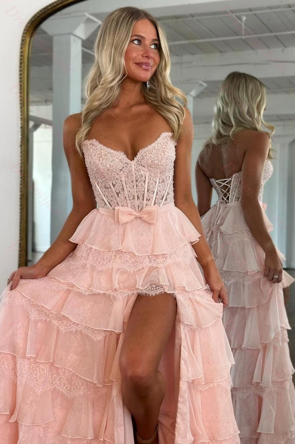 Blush Pink A-Line Lace Corset Prom Dress With Tiered Ruffle Skirt & Slit Formal Evening Gown