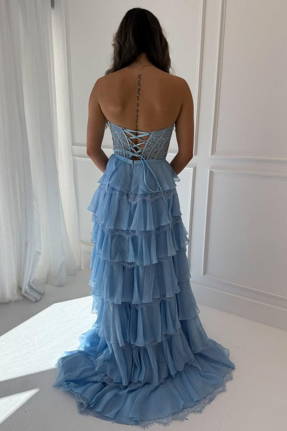 Blush Pink A-Line Lace Corset Prom Dress With Tiered Ruffle Skirt & Slit Formal Evening Gown