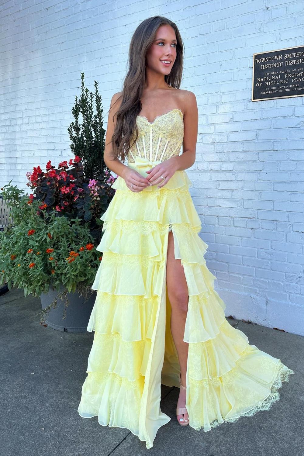 Blush Pink A-Line Lace Corset Prom Dress With Tiered Ruffle Skirt & Slit Formal Evening Gown