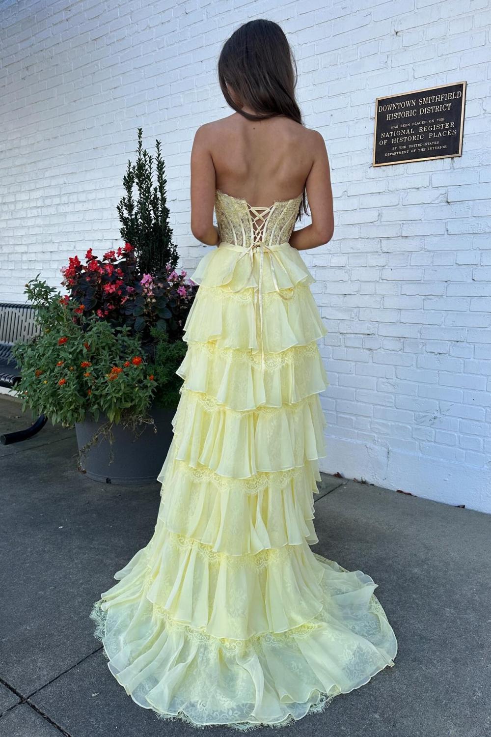 Blush Pink A-Line Lace Corset Prom Dress With Tiered Ruffle Skirt & Slit Formal Evening Gown