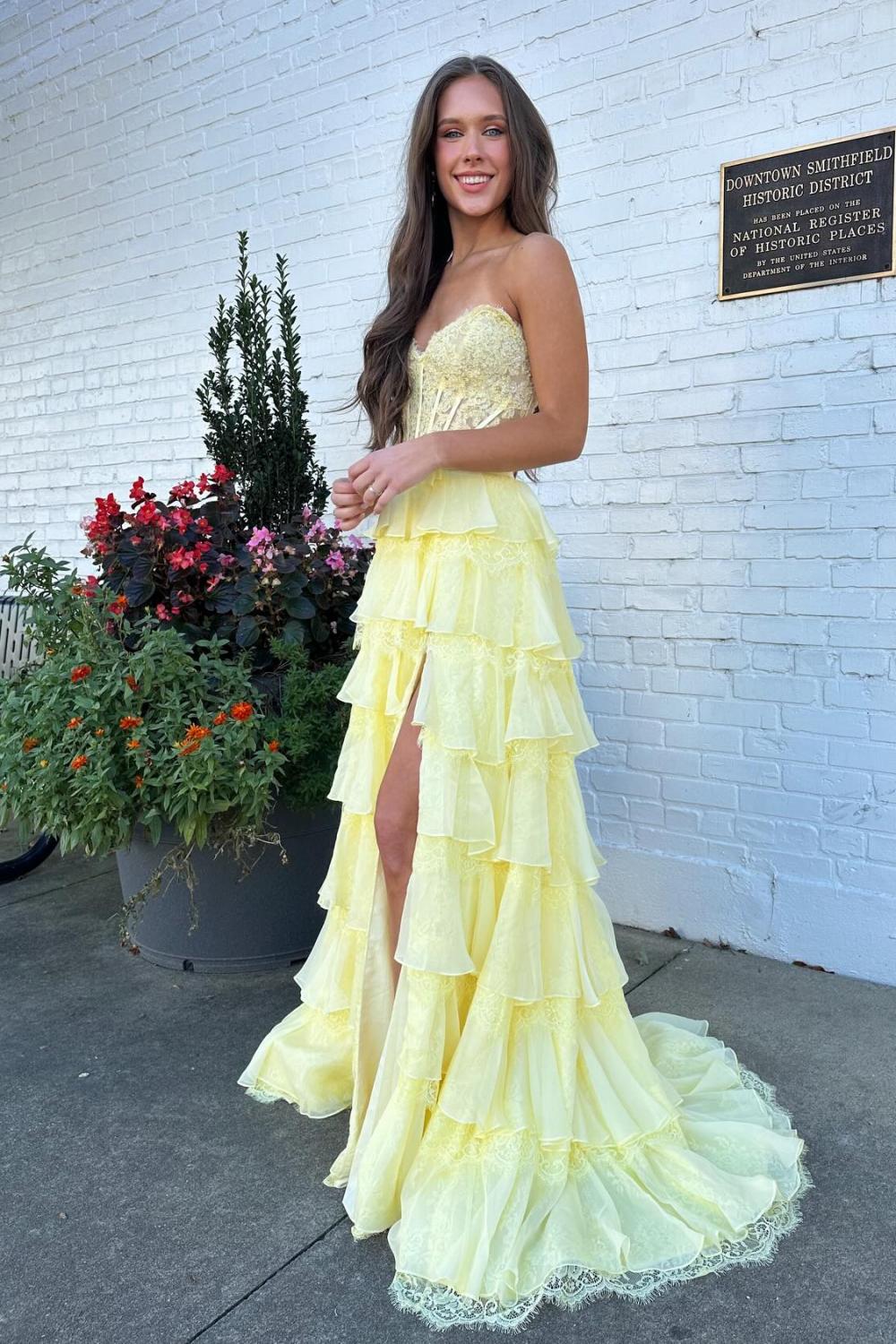 Blush Pink A-Line Lace Corset Prom Dress With Tiered Ruffle Skirt & Slit Formal Evening Gown