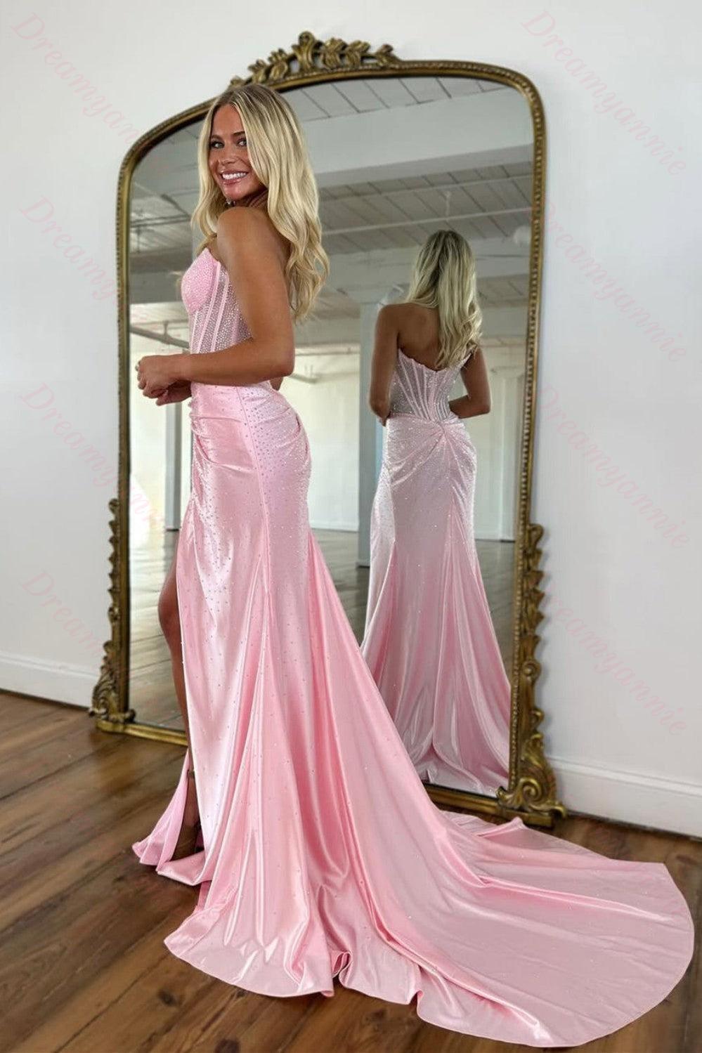 Blush Pink Corset Long Beaded Prom Dress With Rhinestone Details Formal Evening Gown