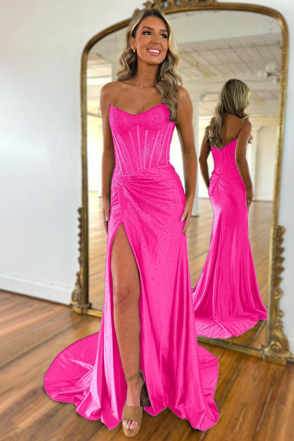 Blush Pink Corset Long Beaded Prom Dress With Rhinestone Details Formal Evening Gown