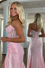 Blush Pink Corset Long Beaded Prom Dress With Rhinestone Details Formal Evening Gown