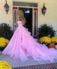 Blush Pink Off-The-Shoulder Ball Gown With Crystal Embellishments Formal Evening Gown