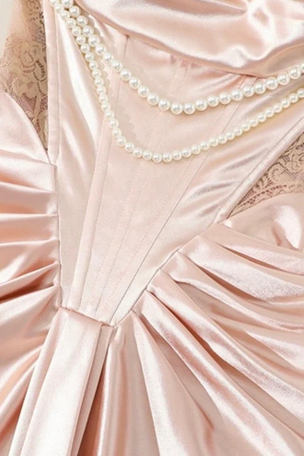 Blush Pink Off-The-Shoulder Satin Corset Prom Dress With Pearl Draping Formal Evening Gown