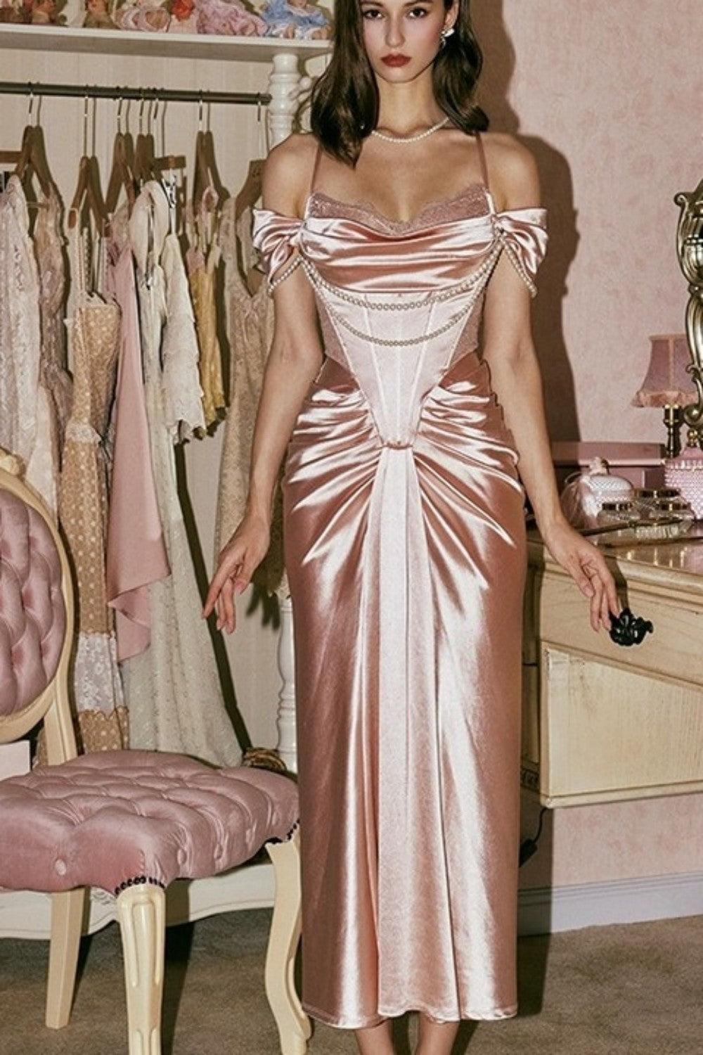 Blush Pink Off-The-Shoulder Satin Corset Prom Dress With Pearl Draping Formal Evening Gown