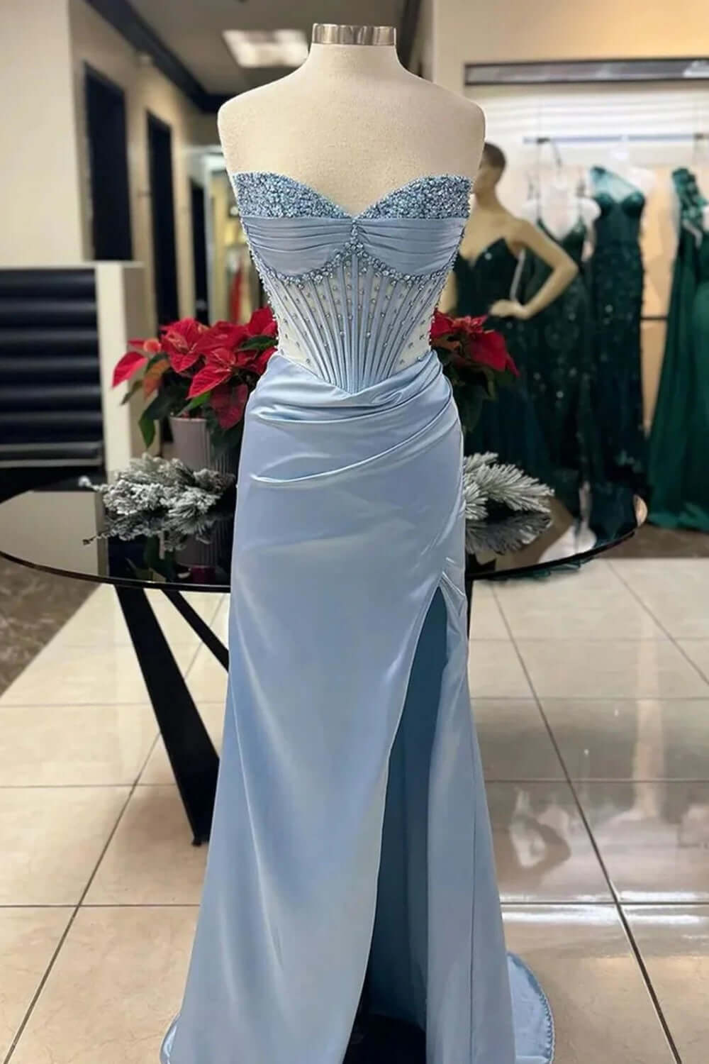 Dreamyannie Column Satin Sweetheart Sleeveless Green Prom Dress Formal Dress With Slit