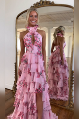 Blush Prom Dress Floral Ruffled Halter Formal Dress With Slit