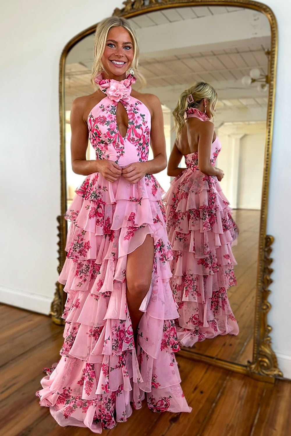 Blush Prom Dress Floral Ruffled Halter Formal Dress With Slit