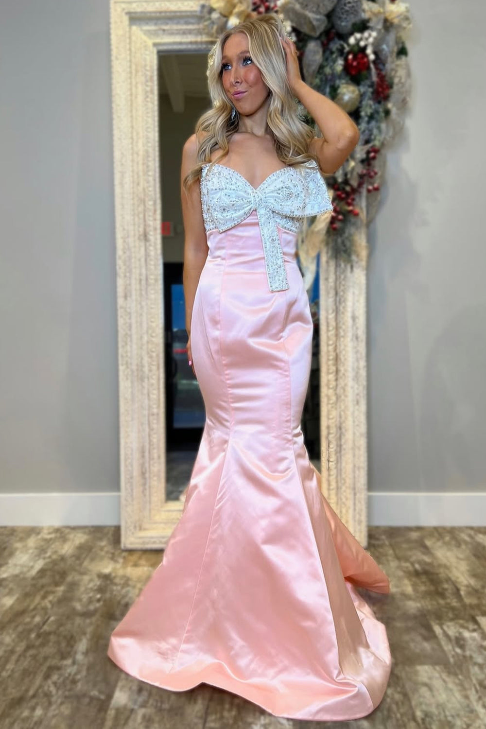 Blush Prom Dress Satin Mermaid Long Formal Dress With Bow
