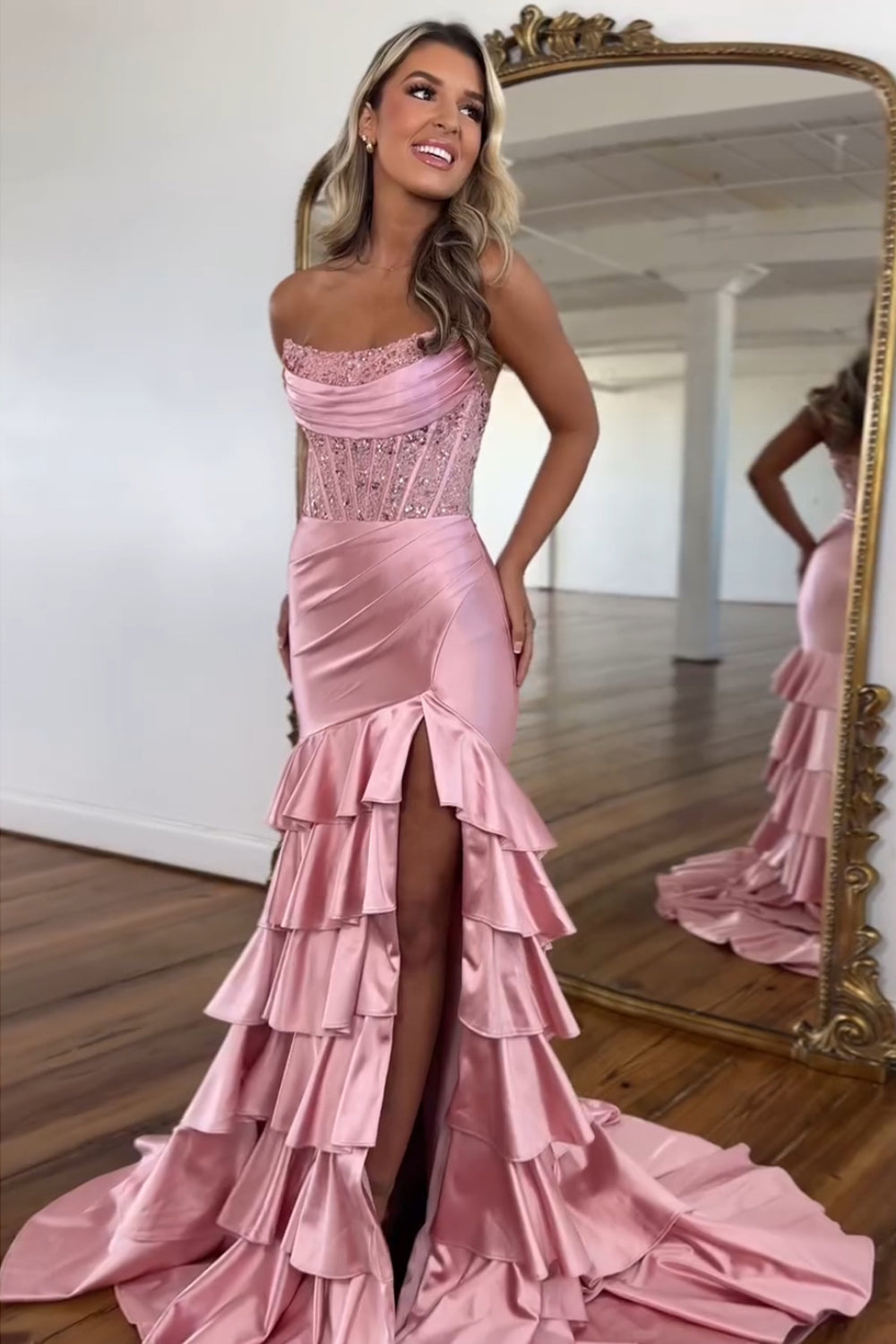 Blush Prom Dress Tiered Mermaid Long Formal Dress With Slit