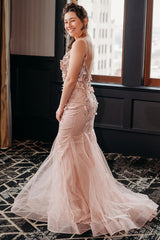Blush Prom Dress V-Neck Mermaid Tulle Formal Dress