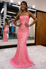 Blush Spaghetti Straps Prom Dress Sequins Mermaid Evening Dress