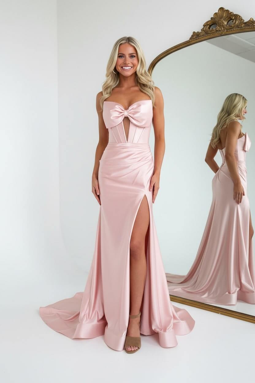Dreamyannie Corset Red Prom Dress Satin Sweetheart Formal Dress With Slit